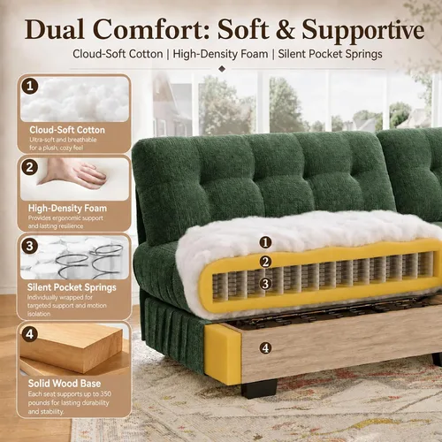 Vista 6 de Sofá modular de gran tamaño de 90 pulgadas con otomana móvil, asiento profundo en forma de L, cómodo sofá de nube de felpilla de 3 asientos modernos