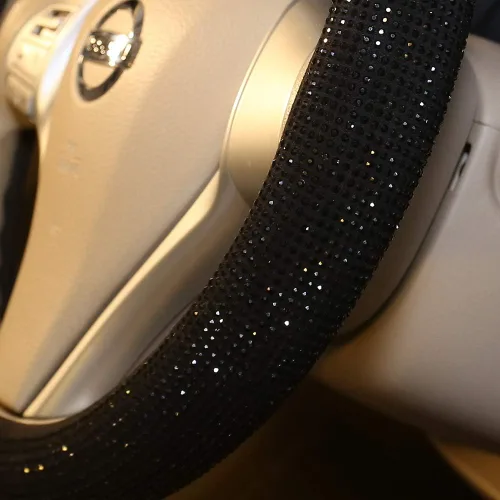 Vista 7 de Funda para volante de coche con brillantes Carwales para mujeres y niñas, accesorios de coche negros con cristal de diamante de 15 pulgadas