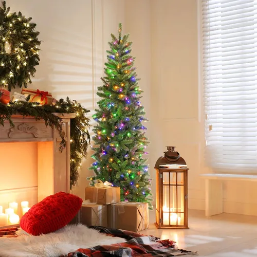 Vista 2 de GOFLAME Árbol de Navidad preiluminado de 5 pies, árbol de Navidad artificial con 180 luces LED, 10 modos de luz, 390 puntas de rama, soporte