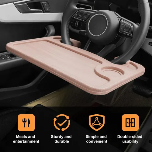 Vista 4 de Dickno Escritorio para volante de automóvil, bandeja multiusos para volante con soporte para bebidas, bandeja de comida para volante para comer Beige