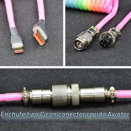 Vista 3 de Cables de teclado trenzados de 1.5 m en espiral tipo C a USB A con conector de aviador desmontable. Para teclado de juegos/tableta (arcoíris)