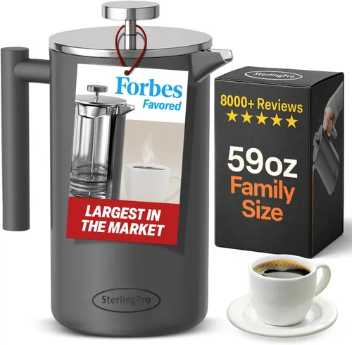 Vista 20 de SterlingPro Cafetera de prensa francesa de acero inoxidable, grande, 1 L (34 onzas), color negro, prensa de café duradera con aislamiento de doble