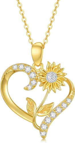 Vista 8 de Collar de flor de nacimiento de oro real de 14 quilates para mujer, oro amarillo creado moissanita con colgante de corazón, collares