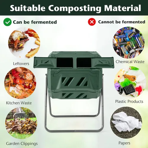 Vista 8 de Goplus Contenedor de compostaje de doble cámara para exteriores de 42 galones con 2 puertas corredizas, marco de metal resistente, compostador