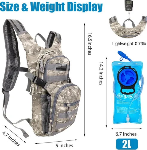 Vista 2 de Mochila táctica de hidratación de 2 litros, bolsa de agua ligera y duradera para senderismo, correr, aventuras al aire libre, correas ajustables