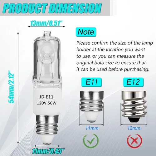 Vista 2 de JDE11 - Bombilla E11 de 120 V, 50 W, E11, mini base de candelabro T4 E11, bombilla halógena regulable blanca cálida de 2700 K para ventilador