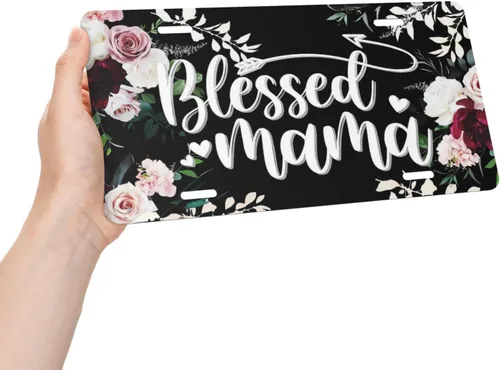 Vista 3 de Placa de matrícula bendita de flores de mamá, placa de aluminio floral, cubierta de placa de matrícula delantera para automóvil de metal, accesorio