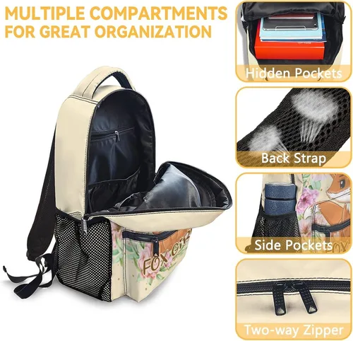 Vista 5 de Homexzdiy Linda mochila de zorro para niñas y niños, mochila escolar de 16 pulgadas para niños y estudiantes, mochila de gran capacidad de dibujos