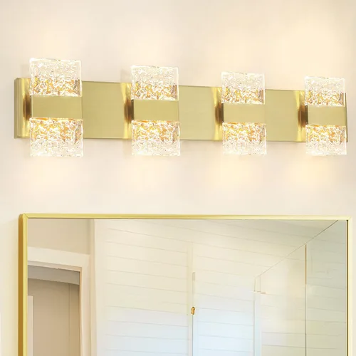 Vista 17 de Lámpara de tocador de baño moderna de cromo de 4 luces, elegantes accesorios de iluminación de baño de LED de cromo sobre espejo, accesorios