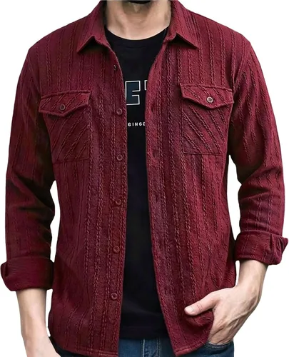 Vista 9 de Camisas con botones para hombre, casual, de manga larga, con cuello jacquard, texturizada, ligera, sobrecamisa, sobrecamisa