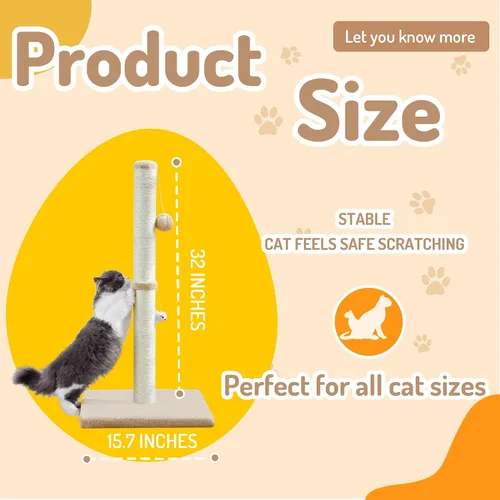 Vista 5 de MeowHomm Postes rascadores para gatos de interior y adultos de 32 pulgadas de alto con 2 bolas colgantes, rascador grande para gatos, incluye cuerda