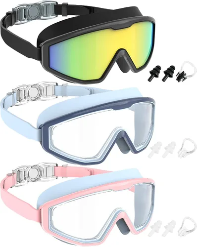 Vista 13 de NSSIW Gafas de natación para niños, antiniebla, sin fugas, con clip para la nariz, tapones para los oídos para niñas, niños y jóvenes, 6-14, paquete