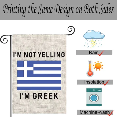 Vista 3 de Bandera de jardín familiar griega con texto en inglés "I'm Not Yelling I'm Greek", bandera para exteriores, bandera de raíz de Grecia, regalo
