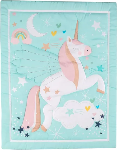 Vista 3 de Juego de ropa de cama de cuna de unicornio azul de 4 piezas, falda de edredón, sábana ajustable, cenefa, cuna, juego de ropa de cama