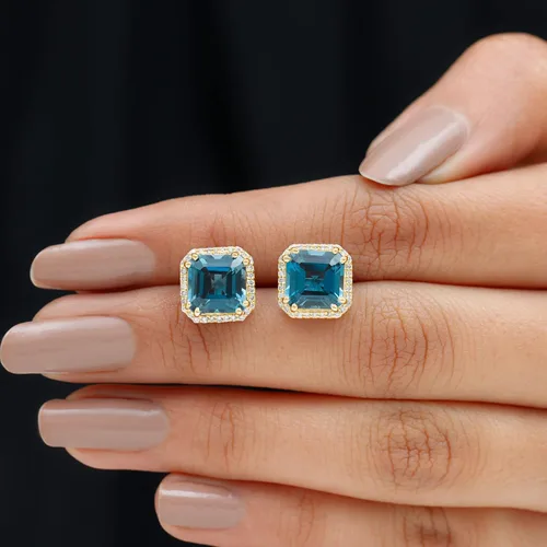 Vista 11 de Pendientes de tuerca con topacio azul Londres de corte Asscher certificados con halo de diamantes 6.50 Cttw Calidad AAA