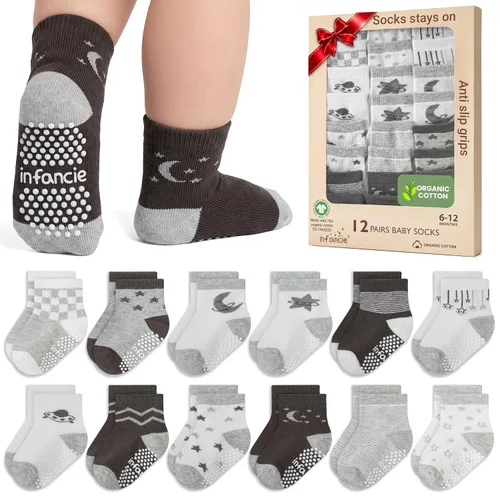 Vista 11 de GOTS Mezcla de Algodón Orgánico 12 Pares Calcetines Zapatos Bebés 0-6 M Negro