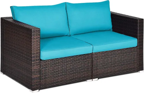 Vista 11 de Tangkula Sofá biplaza de mimbre de 2 piezas, muebles de patio con cojines extraíbles, sofá biplaza de ratán para balcón, terraza, jardín y piscina