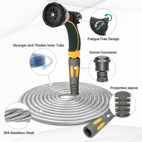 Vista 2 de TheFitLife Manguera de jardín de metal flexible, manguera de agua ligera de acero inoxidable de 25 pies con accesorios sólidos y boquilla rociadora