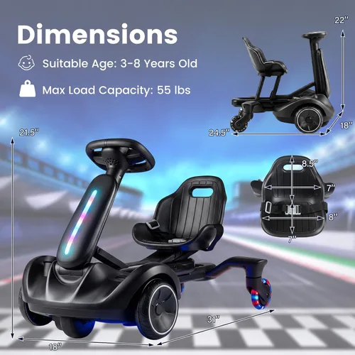 Vista 6 de GLACER Go Kart a la deriva de 6V con giro de 360°, asiento ajustable de 2 Negro