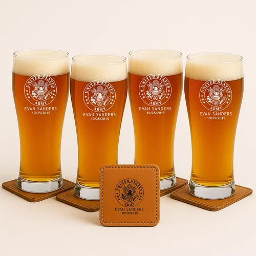 Vista 4 de Juegos Personalizados Militares - Decantador Grabado Personalizado y 4 Vasos de Scotch - Ejército, Marina, Fuerza Aérea, Guardia Costera - Servicio