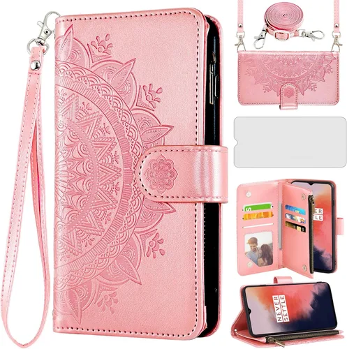 Vista 9 de Asuwish Funda de teléfono para OnePlus 7 6T Wallet Cell Cover con protector de pantalla con correa para la muñeca Mandala Flower Card Holder