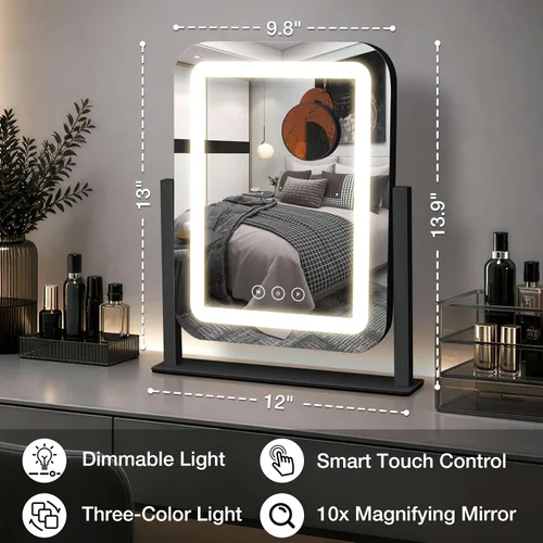 Vista 2 de Espejo de tocador de 12 x 13.9 pulgadas con luces, espejo de maquillaje LED Negro