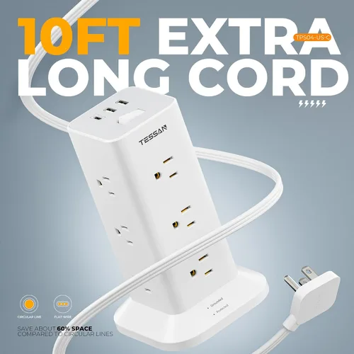 Vista 3 de TESSAN - Regleta de alimentación con protector de sobretensiones, cable de extensión de enchufe plano TESSAN de 10 pies con 12 salidas de CA con 3