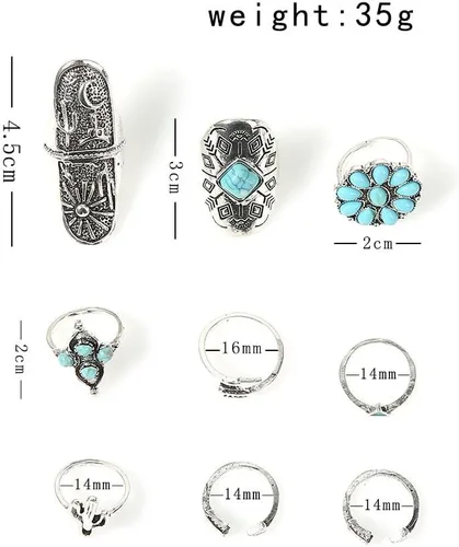Vista 7 de Caiyao Juego de anillos retro turquesa para mujer, anillos vintage occidentales, joyería bohemia, verano, playa, anillos para adolescentes, niñas