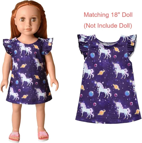 Vista 3 de Camisón de unicornio a juego para niñas y muñecas de 18 pulgadas