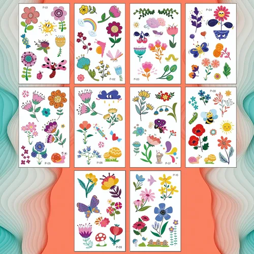 Vista 5 de Tatuajes temporales de flores para niños y niñas, 10 hojas falsas, impermeables, lindas calcomanías de tatuaje pequeñas para niños, regalos
