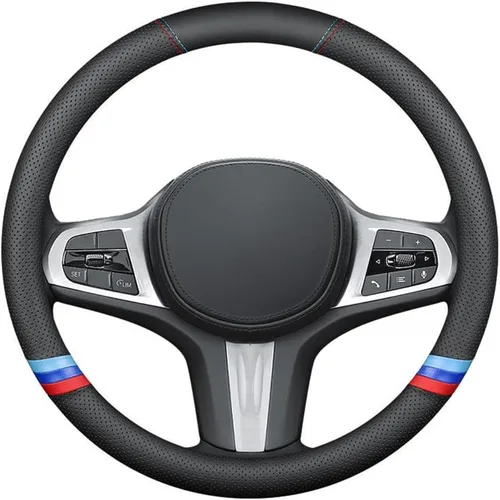 Vista 6 de Funda de cuero de napa para volante de automóvil, cómoda, antideslizante, estilo deportivo. Para fundas de volante de automóvil BMW, color negro