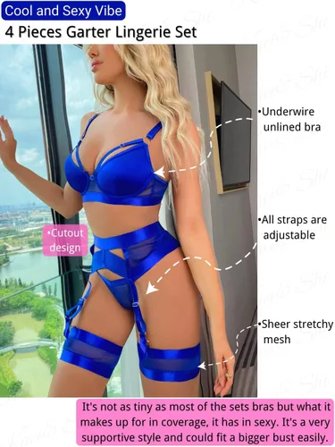 Vista 2 de Kaei&Shi - Lencería con liguero para mujer, conjunto de encaje traslúcido y sexy de 4 piezas combinadas