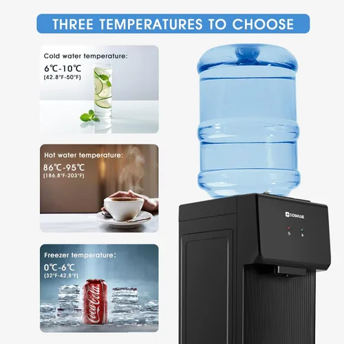 Vista 3 de Dispensador de enfriador de agua de carga superior, enfriador de agua caliente y fría de 5 galones con gabinete congelador, dispensador de agua