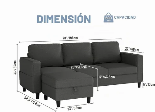 Vista 2 de Sofás seccionales para sala de estar, sofá convertible en forma de L de 78 pulgadas con almacenamiento extraíble, sofás otomanos de 3 plazas, sofá