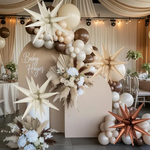 Vista 7 de Globos de papel de aluminio color beige crema, 10 globos grandes de 22 pulgadas de explosión de estrella de cono de café beige crema