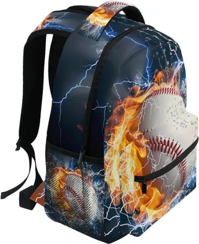 Vista 2 de Mochila para adultos, mochila escolar casual, bolsa de viaje con cremallera, Abstracción Fuego Agua Béisbol De, Mochilas Daypack