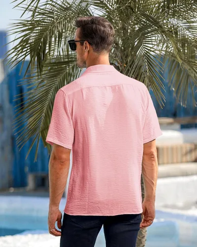 Vista 4 de Camisas casuales con botones para hombre, manga corta, color sólido, para yoga, playa, hawaiano, verano, vacaciones