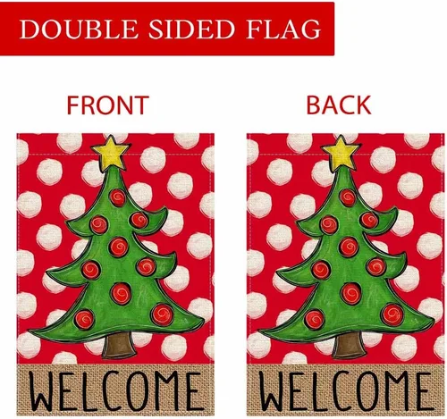 Vista 7 de PANDICORN Bandera de Jardín Feliz Navidad 12x18 Pulgadas Doble Cara, Bienvenida Árbol de Navidad Lunares Rojo Invierno Vacaciones Patio Arpillera