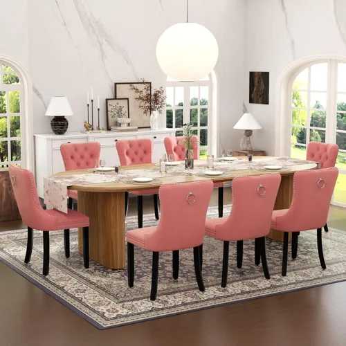 Vista 13 de Juego de mesa de comedor ovalada extensible con 4 sillas tapizadas de terciopelo de alta gama, mesa de cocina de 59 a 91 pulgadas y sillas