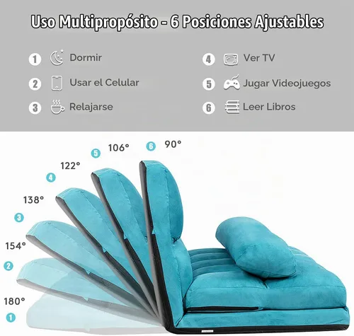Vista 9 de DORTALA Sofá de suelo plegable, sofá de descanso ajustable de 6 posiciones con 2 almohadas y funda de tela de gamuza, moderno colchón de sala