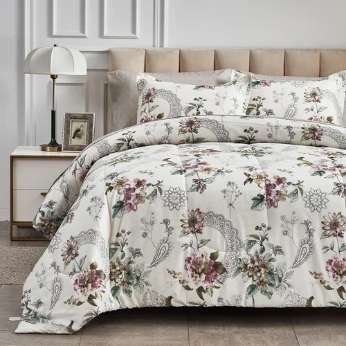 Vista 2 de Juego de edredón de 7 piezas tamaño Queen, diseño floral beige, de microfibra suave, para todas las estaciones