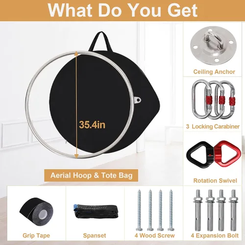 Vista 4 de KROFEM Aerial Lyra Hoop Kit (85CM/90CM), Professional Yoga Starter Set with Rigging Hardware Kit for Home, Exercise, Performance, 32mm Thickness