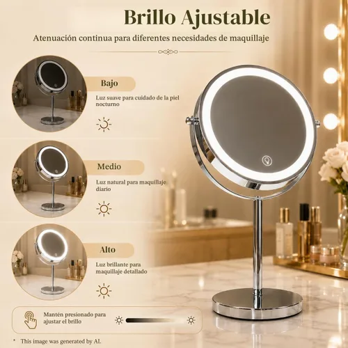 Vista 2 de Ysenchan Espejo de maquillaje iluminado, espejo de aumento LED recargable de 8 pulgadas, espejo de manipulación 5X de doble cara con soporte