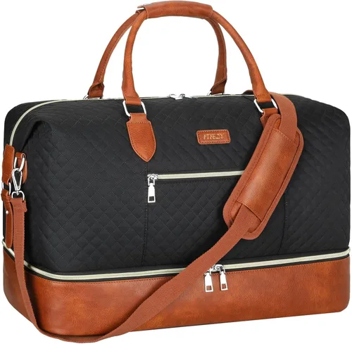 Vista 43 de Bolsa de fin de semana para mujer, bolsa de viaje de nailon, con compartimento para zapatos, tamaño grande 1-beige