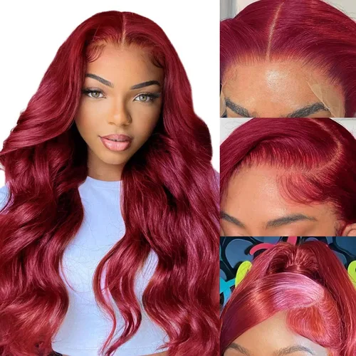 Vista 11 de MUPRETTY Pelucas de cabello humano con encaje frontal color burdeos, densidad del 180 %, peluca de encaje frontal de 13 x 4 pulgadas, con cabello