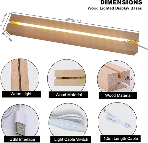 Vista 2 de 2 piezas de base de exhibición de luz LED de madera de 11.81 pulgadas, base de exhibición de luces LED de madera rectangular para acrílico