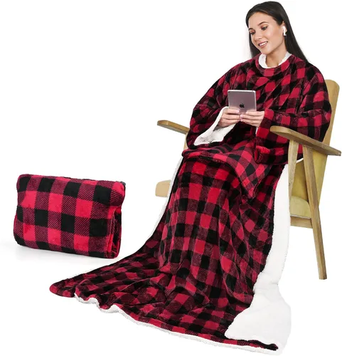 Vista 11 de Catalonia Classic Manta de forro polar Sherpa con mangas, súper suave, cálida y acogedora, manta portátil de viaje, regalo para mujeres, hombres
