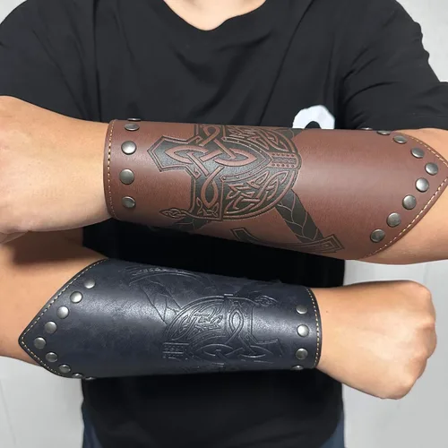 Vista 6 de Pulsera de cuero con guantelete medieval, muñequeras vikingas, guardias de tiro con arco, brazaletes de brazo ancho para mujeres y hombres, 2