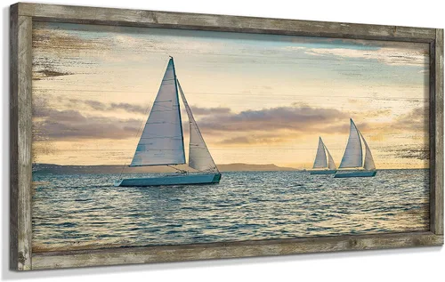 Vista 10 de Pintura enmarcada de playa para decoración de pared: arte abstracto de la pared del océano, pintura al óleo costera, gaviotas, imagen impresa