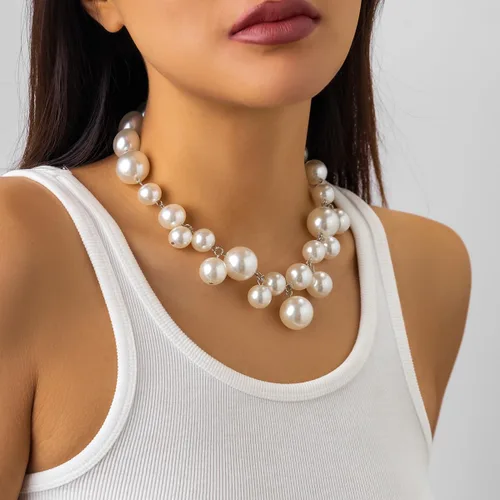 Vista 3 de Collar de perlas para mujer, collar de perlas gruesas, collar de perlas grandes, collar de perlas exageradas, regalo de joyería para niñas